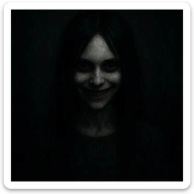 creepy girl, pale skin, long black hair, eerie smile, shadowy background sticker