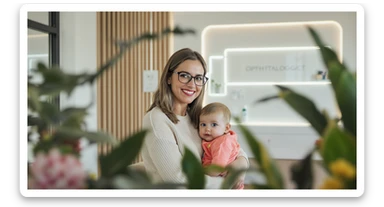 Cinematic still, blurred plants in the foreground (frame within a frame), Proffesional advertising of a smiling european white woman with glasses smiling holding baby, minimalistic ophthalmologist interior in background, leading  lines, "rule of thirds", 60/30/10 colors, soft light, warm colors sticker