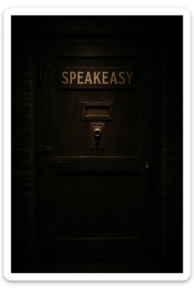 speakeasy door with a peephole, symbolizing secret Chicago mob meetings, dark atmospheric vintage style sticker