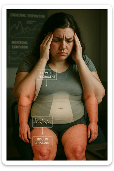 cinematic realistic in italiano Woman with PCOS struggling with hormonal chaos, transparent overlay showing elevated androgens and insulin resistance affecting her body, lipedema causing disproportionate fat accumulation in legs and arms despite normal torso, expression of frustration with unexplained weight gain, medical charts showing complex endocrine dysfunction, painful swollen limbs contrasting with metabolic confusion sticker