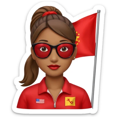 Una mujer morena con una coleta y gafas de sol y una bandera roja en la mano sticker