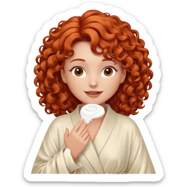 Cartoon emoji of a girl with voluminous curly red hair, fair skin, warm brown eyes. Wearing a chic milky silk robe with long sleeves, no makeup. Portrait mode, giving herself a face massage, joyful and relaxed. Smooth, simple, stylized. sticker