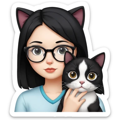 Girl with black hair wearing glasses holding a black and white cat sticker