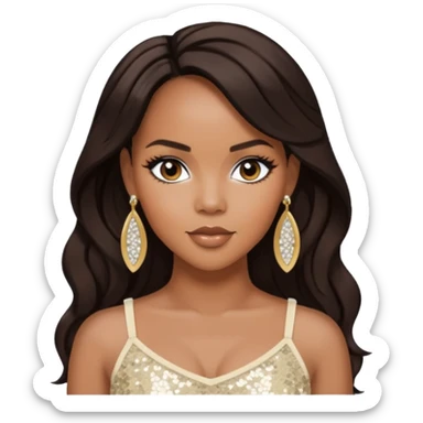 LeToya Luckett with long dark brown hair, ivory sequin crop top, ivory earring sticker