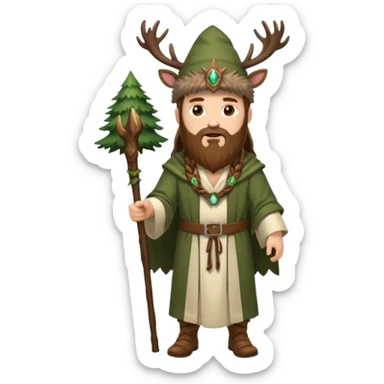 full body man long brown hair brown eyes medium beard white skin wearing stag hat and forest druid robes open chest sticker