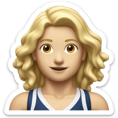 A girl with long blonde hair with wide shoulders wearing a Great Britain rowing swimming suit and has small muscles and add a necklace that has a sea shell pendant on it. She must have a  necklace around the neck and the pendant is on her chest sticker