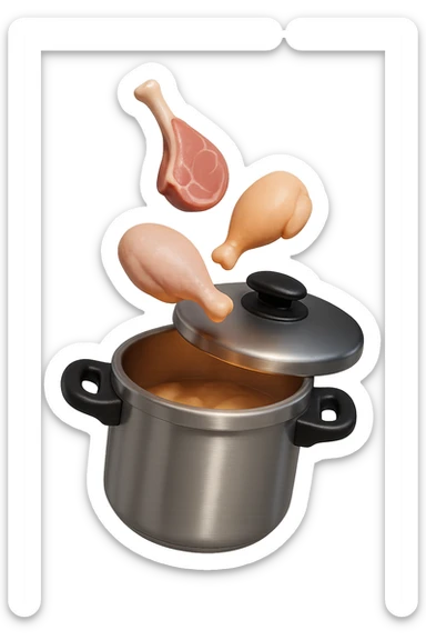 emoji stile iphone in 3d di una pentola a pressione dentro cui cadono agnello, pollo e tacchino crudi da cuocere, iperrealistico 4k sticker