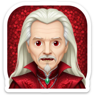 Gary Oldman as Dracula with long white hair, dark red sequin outfit, without glasses sticker
