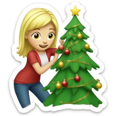 Blond Girl decorating a Christmas tree sticker
