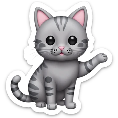 Gray cat stuffed animal standing on two legs with black small ovals for eyes and pink circles for blush and a tiny oval and a w for a mouth and nose that connect with black lines for whiskers and the right arm is a dark gray color sticker