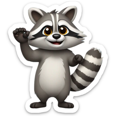 A cute fluffy raccoon waves his paw and greets sticker