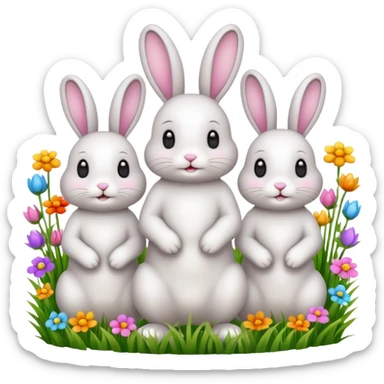realistic 3 Bunny's standing in grass field with flowers happy looking foward sticker