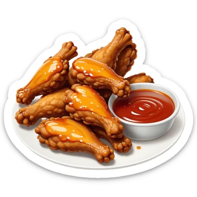 Cinematic crispy chicken wings, golden-brown and glazed with spicy sauce, crunchy coating, juicy inside, piled high with dipping sauce on the side, ultra-realistic and mouthwatering, inviting and bold. sticker