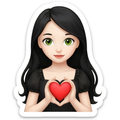Pale girl with long black hair and olive green eyes soft smile wearing black dress and holding a heart sticker