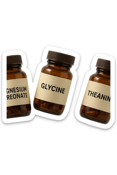 3 boccette di integratori: Magnesio Treonato, glicina, teanina, fluttuano in aria sticker
