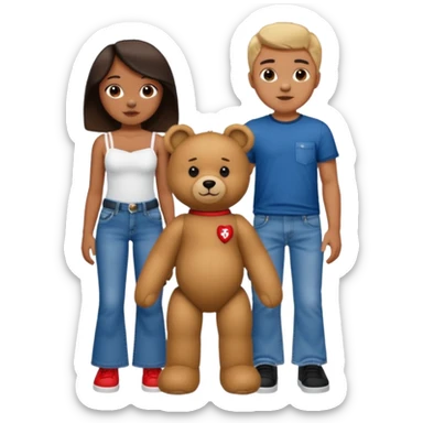 A boy and a girl teddy bear for the boy bear put on true religion shirt and jeans with black shoes and for the girl put flare jeans and a red tube top and white shoes just bears not the humans  sticker