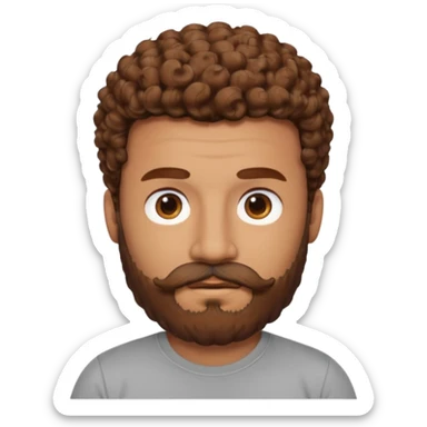 Curly-haired nightingale, with brown hair, a thick beard and a suvata to match the color of the hair on his head, large build, but not fat in a gray T-shirt, chest shot, IOS memoji style sticker