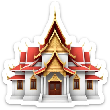 Traditional Thai hospital with pointed roof architecture, red cross symbol, ornate details, with traditional Thai architectural elements sticker