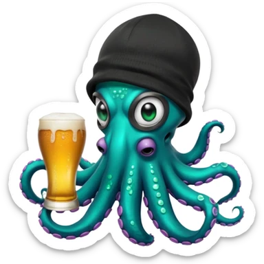 Epic octopus with an iridescent green base layer coloring and pearl black secondary layer of color, with teal neon colored suction cups under the tentacles. Octopus is wearing balaclava, a backwards hat, is holding 2 beers, and has a white teardrop face tattoo sticker