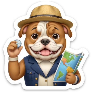 English bulldog as a cheerful tour guide, wearing a hat and holding a map sticker