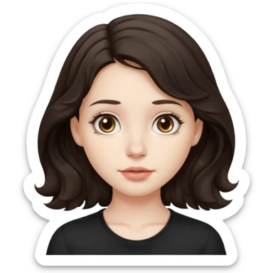 Shoulder lenght very dark brown wavy (wavy from the middle of the head, not from the scalp) hair, pale skin, brown eyes , big round nose, soft small lips, girl emoji with a white background and she's wearing a black shirt sticker