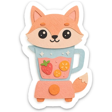 full-body cute fox-shaped blender with see-through body showing fruity smoothie, sparkling eyes, pastel pink, paper craft style sticker