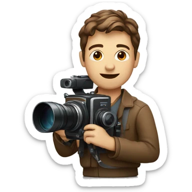 European film director with brown piled short hair holding a cinema camera sticker