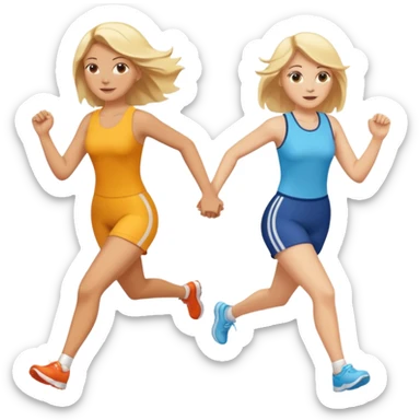 2 white women running holding hands one blonde one brunette sticker