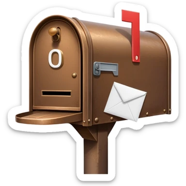 A brown mailbox next to a white letter sticker