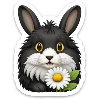 black lionhead rabbit eating a daisy sticker
