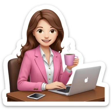 smiling woman with long wavy brown hair, pink blazer, white top, holding coffee and working on laptop — cozy home office background sticker