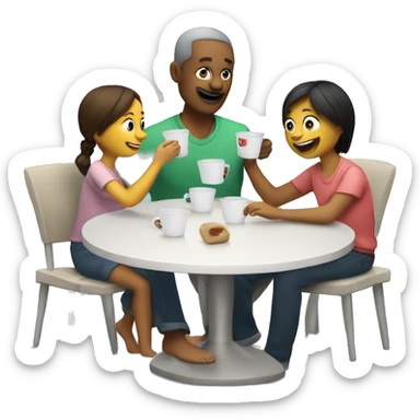 An emoji of a family—mother, father, and child—sitting at a table, playing a cup game with paper cups arranged on the table as they have fun together sticker