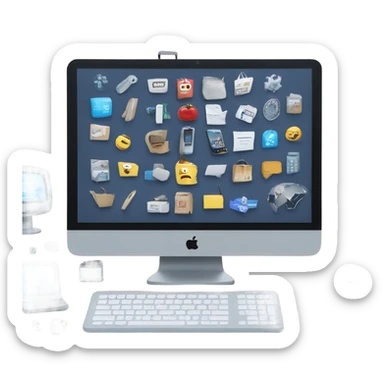 Centered on a large computer screen with a sleek website mockup, surrounded by subtle tech-themed icons (like shopping carts, coding symbols, and connected nodes). sticker