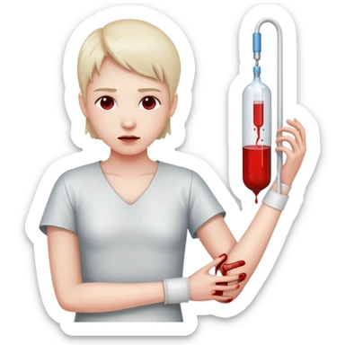 person with a calm expression, blood bag hanging beside them, tube connected to their arm sticker