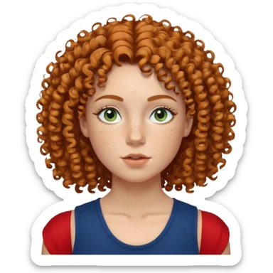Curly-haired girl with freckles on her nose, medium lips, broad shoulders, no breasts, wearing navy blue sleeveless body as a top, defined shoulder muscles, her eyes are colored with the mix of green and blue, has small roman nose, has defined cheekbones sticker