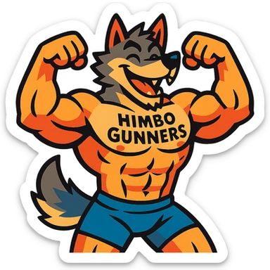 very muscular wolf furry, shirtless, 'Himbo Gunners' tattooed on chest, flexing pose, energetic and playful sticker