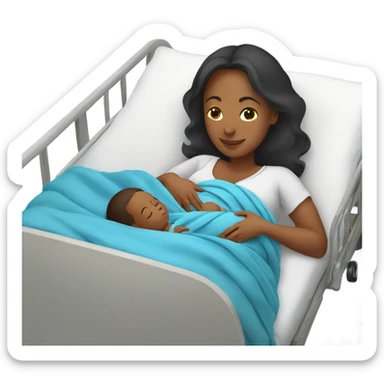 pregnant women holding her newborn baby in a blue swaddle blanket and she in laying down on a hospital bed  sticker