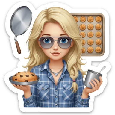 girl with long blond messy hair wearing grey plaid shirt with blue eyes and aviator sunglasses wearing a ring on her silver necklace, holding baking supplies sticker