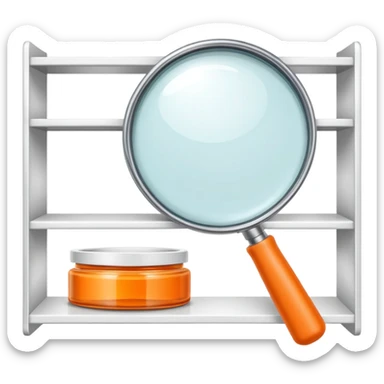 front view magnifying glass over orange beauty product shelf searching for last item sticker