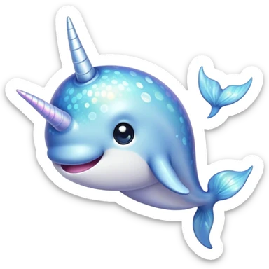 Cinematic Cute Cute Narwhal Portrait Emoji, Head tilted playfully and inquisitively, featuring a charming, sleek body with softly iridescent skin, a prominently spiraled tusk and large, twinkling eyes full of gentle wonder, Simplified yet irresistibly adorable features, highly detailed, glowing with a warm, inviting ocean glow, high shine, affectionate and lively, stylized with a touch of magical sea whimsy, soft glowing outline, capturing the essence of a mischievous yet endearing cute narwhal that seems as if it could frolic out of the screen into your heart! sticker