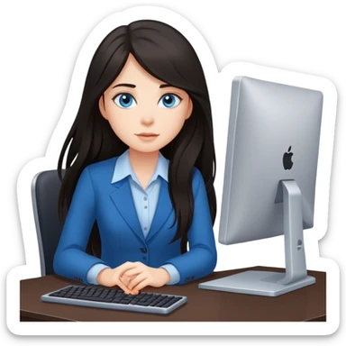 Dark-haired girl with long hair and blue eyes, beautiful, dressed in office style, sits with a computer sticker