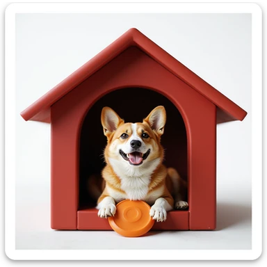 realistic red dog house with a Corgi dog inside, Corgi with a frisbee, photorealistic style sticker