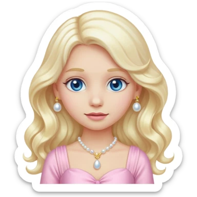 girl emoji with long wavy platinum blonde hair, blue eyes, pale peachy-pink skin, pastel pink fancy dress #f3c3cf, pearl hair clip, and gold jewelry sticker