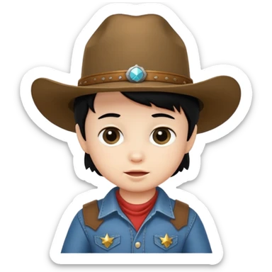 A baby with black hair wearing a cowboy hat sticker