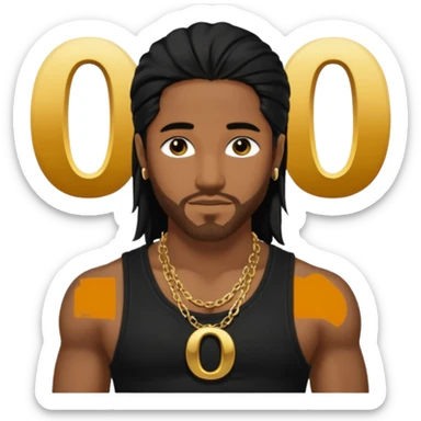 Omarion medium dark skin, long black hair, black tank top with necklace with letter o sticker