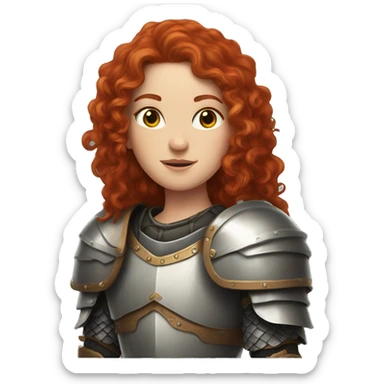 a white girl with long red curly hair and freckles, wearing armor sticker
