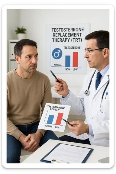 a man in his 40s sits in a doctor’s office, listening attentively as a physician explains TRT (Testosterone Replacement Therapy). The doctor holds a prescription pad and points to an educational chart showing testosterone levels. The mood is professional and informative, with a clean, clinical background. sticker