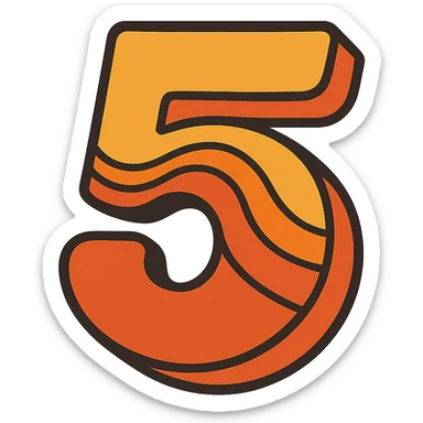 number 5 in a retro 70s style, with wavy lines and orange-yellow gradient sticker