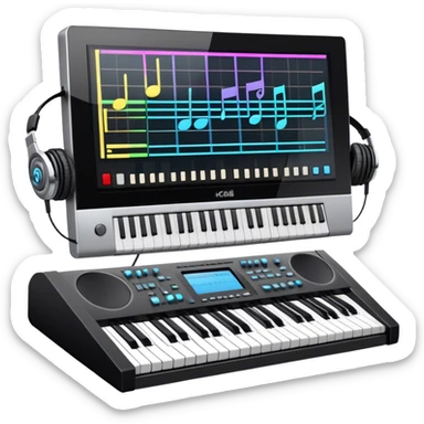 Create a professional and artistic emoji that represents writing music tracks. The design should feature a large monitor displaying musical notes or a score, positioned in front of a professional Korg synthesizer. Add elements like studio headphones, a MIDI keyboard, and an audio interface to symbolize the tools used in music production. Use sleek, modern colors like silver, black, and neon accents to convey the professional environment of music composition. The background should be transparent. sticker