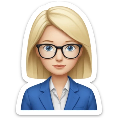 a woman, blonde highlights in hair, glasses and blue eyes. teacher sticker